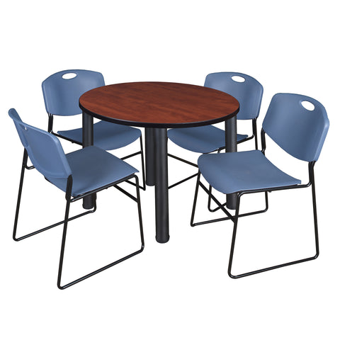 Regency Kee 36 in Round Breakroom Table Top Black Legs 4 Zeng Stack Chairs