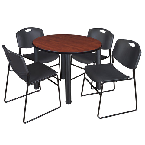 Regency Kee 36 in Round Breakroom Table Top Black Legs 4 Zeng Stack Chairs