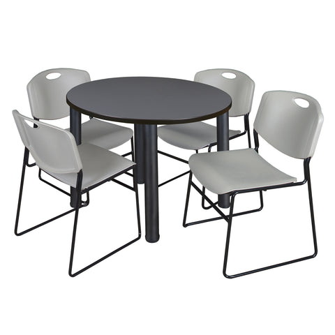 Regency Kee 36 in Round Breakroom Table Top Black Legs 4 Zeng Stack Chairs