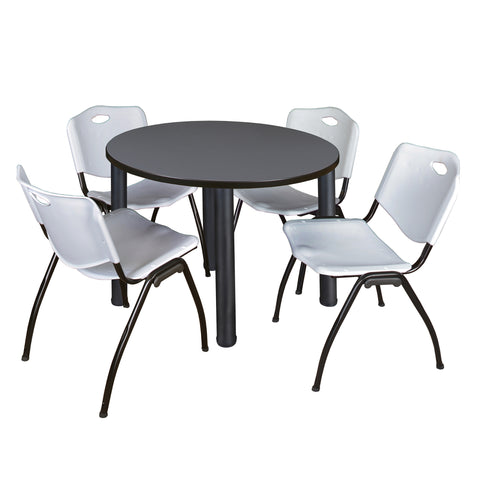 Regency Kee 36 in Round Breakroom Table Top Black Legs 4 M Stack Chairs