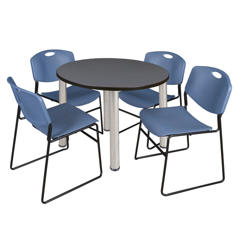 Regency Kee 36 in Round Breakroom Table Top Black Legs 4 Zeng Stack Chairs
