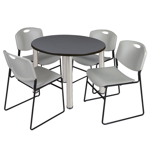 Regency Kee 36 in Round Breakroom Table Top Black Legs 4 Zeng Stack Chairs