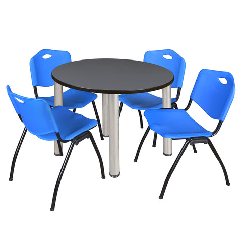 Regency Kee 36 in Round Breakroom Table Top Black Legs 4 M Stack Chairs
