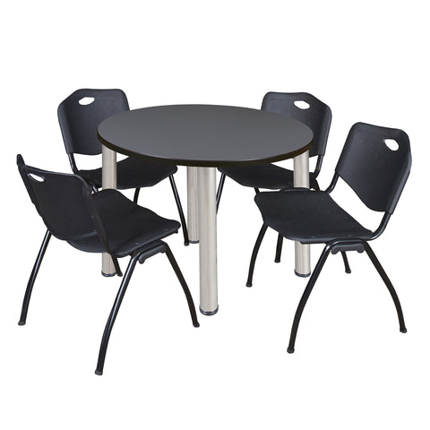 Regency Kee 36 in Round Breakroom Table Top Black Legs 4 M Stack Chairs