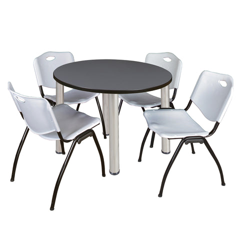 Regency Kee 36 in Round Breakroom Table Top Black Legs 4 M Stack Chairs