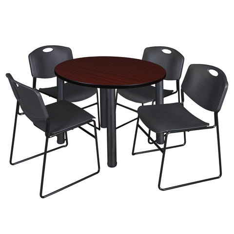 Regency Kee 36 in Round Breakroom Table Top Black Legs 4 Zeng Stack Chairs