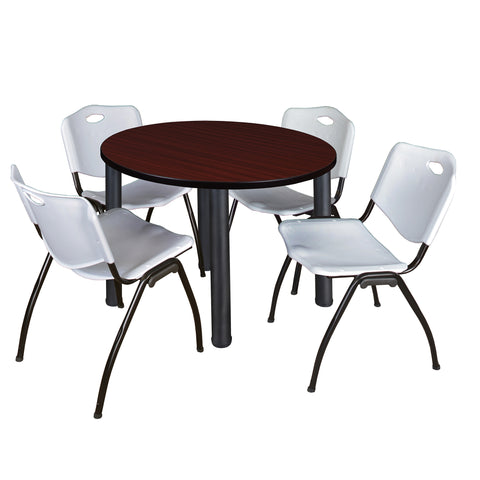 Regency Kee 36 in Round Breakroom Table Top Black Legs 4 M Stack Chairs