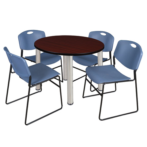 Regency Kee 36 in Round Breakroom Table Top Black Legs 4 Zeng Stack Chairs