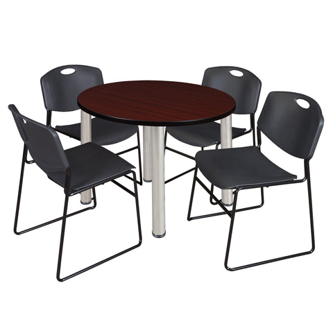 Regency Kee 36 in Round Breakroom Table Top Black Legs 4 Zeng Stack Chairs