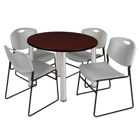 Regency Kee 36 in Round Breakroom Table Top Black Legs 4 Zeng Stack Chairs