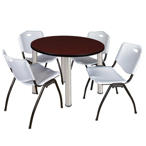 Regency Kee 36 in Round Breakroom Table Top Black Legs 4 M Stack Chairs