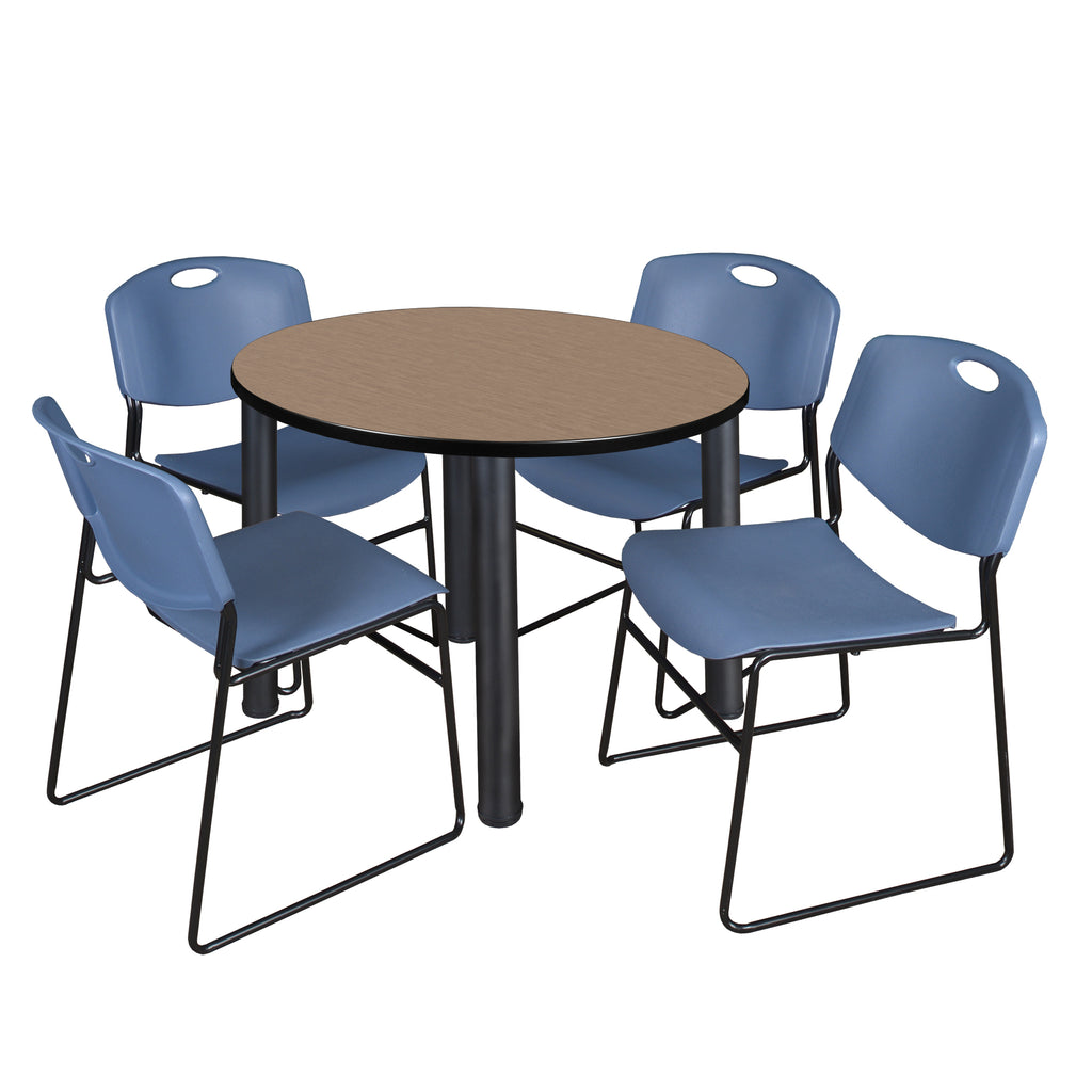 Regency Kee 36 in Round Breakroom Table Top Black Legs 4 Zeng Stack Chairs