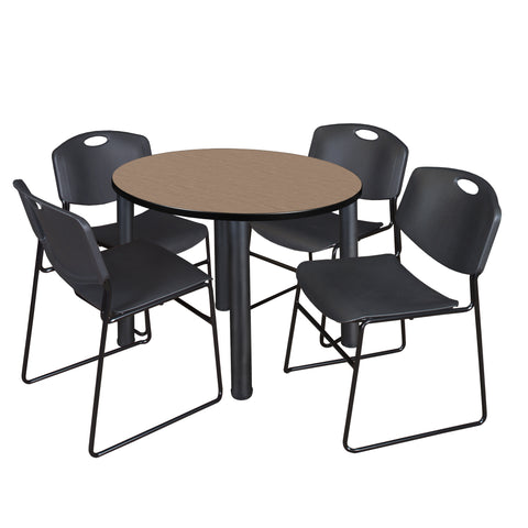 Regency Kee 36 in Round Breakroom Table Top Black Legs 4 Zeng Stack Chairs