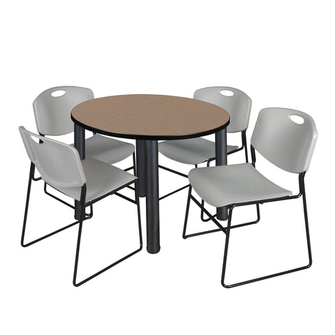 Regency Kee 36 in Round Breakroom Table Top Black Legs 4 Zeng Stack Chairs