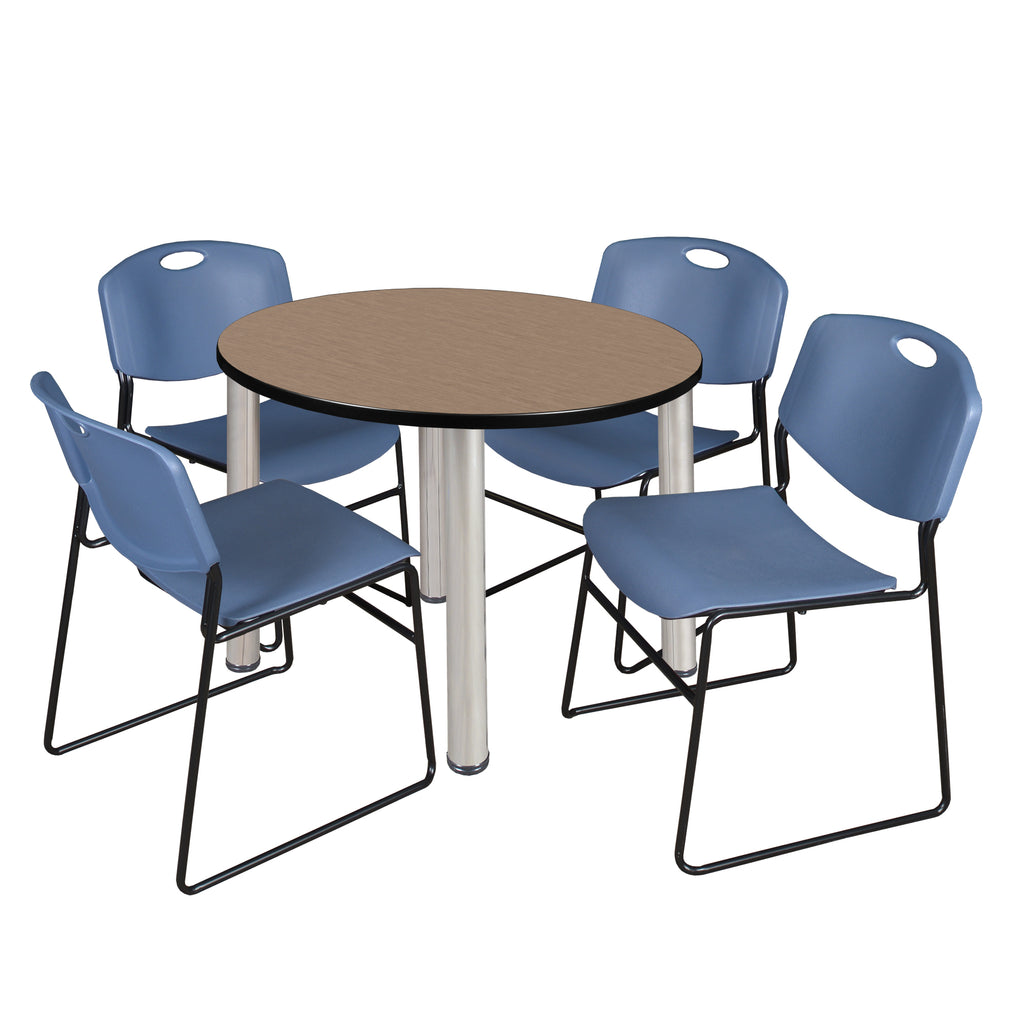Regency Kee 36 in Round Breakroom Table Top Black Legs 4 Zeng Stack Chairs