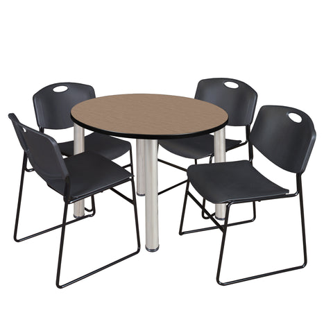 Regency Kee 36 in Round Breakroom Table Top Black Legs 4 Zeng Stack Chairs