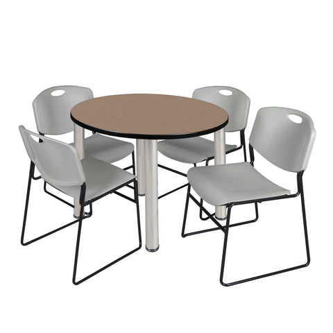 Regency Kee 36 in Round Breakroom Table Top Black Legs 4 Zeng Stack Chairs