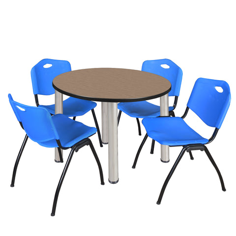 Regency Kee 36 in Round Breakroom Table Top Black Legs 4 M Stack Chairs