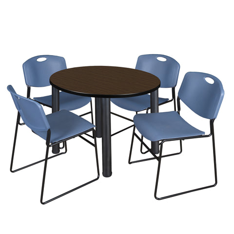 Regency Kee 36 in Round Breakroom Table Top Black Legs 4 Zeng Stack Chairs