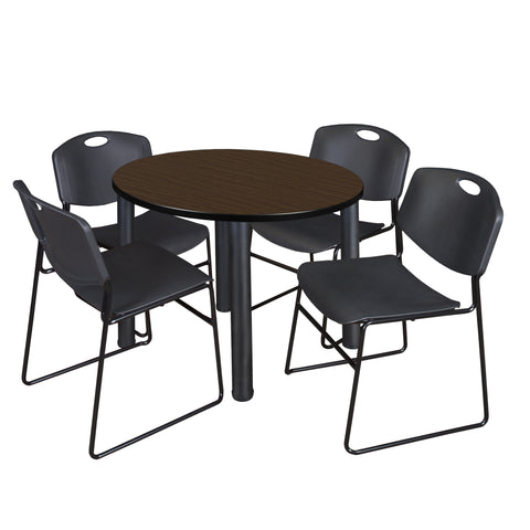 Regency Kee 36 in Round Breakroom Table Top Black Legs 4 Zeng Stack Chairs