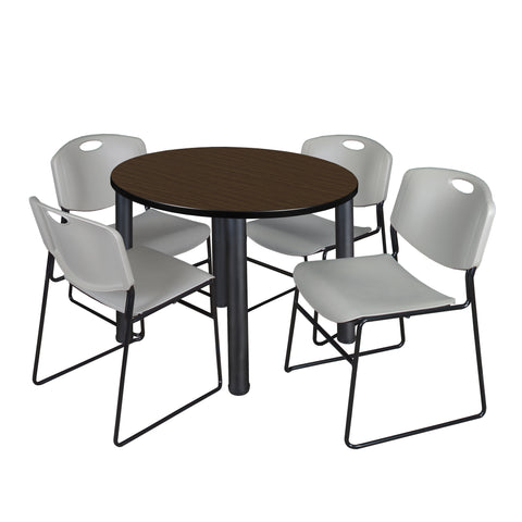 Regency Kee 36 in Round Breakroom Table Top Black Legs 4 Zeng Stack Chairs