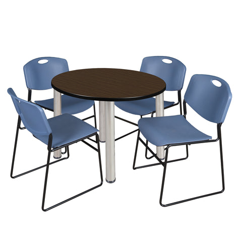 Regency Kee 36 in Round Breakroom Table Top Black Legs 4 Zeng Stack Chairs