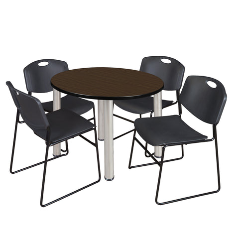 Regency Kee 36 in Round Breakroom Table Top Black Legs 4 Zeng Stack Chairs