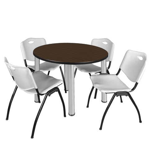 Regency Kee 36 in Round Breakroom Table Top Black Legs 4 M Stack Chairs
