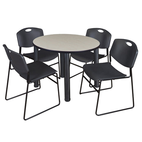Regency Kee 36 in Round Breakroom Table Top Black Legs 4 Zeng Stack Chairs