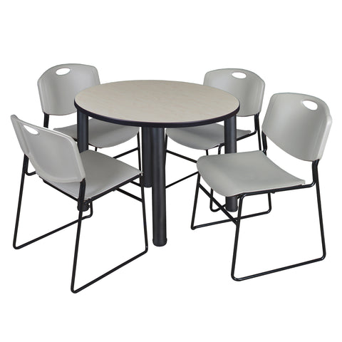 Regency Kee 36 in Round Breakroom Table Top Black Legs 4 Zeng Stack Chairs