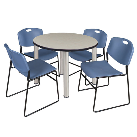 Regency Kee 36 in Round Breakroom Table Top Black Legs 4 Zeng Stack Chairs