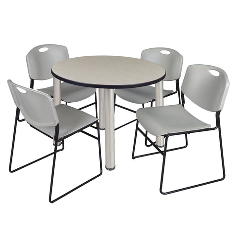Regency Kee 36 in Round Breakroom Table Top Black Legs 4 Zeng Stack Chairs