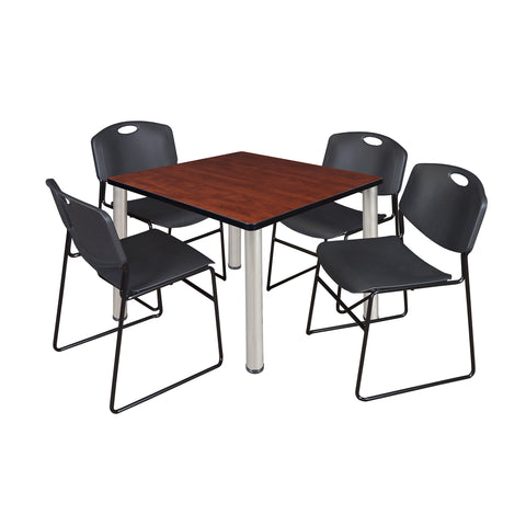 Regency Kee 30 in Square Breakroom Table Top Black Legs 4 Zeng Stack Chairs
