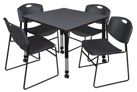 Regency Kee 30 in. Square Mobile Adjustable Classroom Table & 4 Zeng Stack Chairs Black