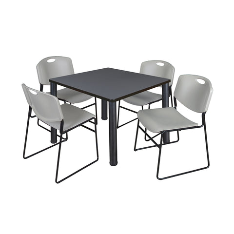 Regency Kee 30 in Square Breakroom Table Top Black Legs 4 Zeng Stack Chairs