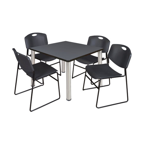 Regency Kee 30 in Square Breakroom Table Top Black Legs 4 Zeng Stack Chairs