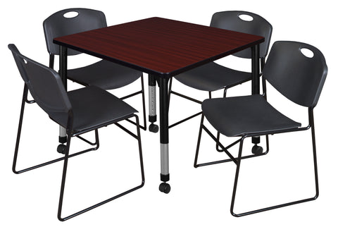 Regency Kee 30 in. Square Mobile Adjustable Classroom Table & 4 Zeng Stack Chairs Black