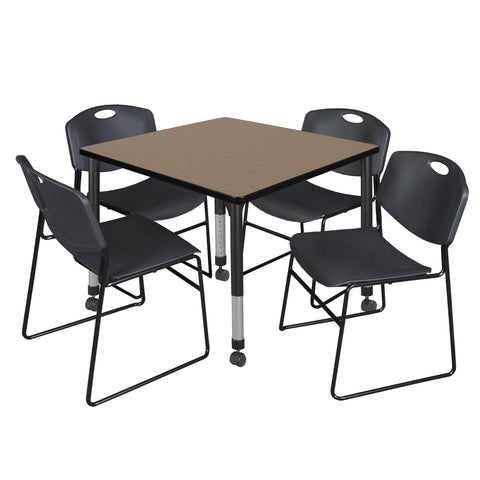 Regency Kee 30 in. Square Mobile Adjustable Classroom Table & 4 Zeng Stack Chairs Black