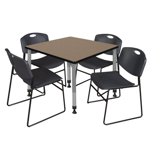 Regency Kee 30 in. Square Adjustable Classroom Table & 4 Zeng Stack Chairs Black