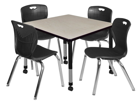 Regency Kee 30 in. Square Mobile Adjustable Classroom Table & 4 Andy 18 in. Stack Chairs Black