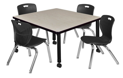 Regency Kee 30 in. Square Mobile Adjustable Classroom Table & 4 Andy 12 in. Stack Chairs Black
