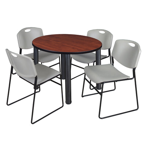 Regency Kee 36 in Round Breakroom Table Top Black Legs 4 Zeng Stack Chairs