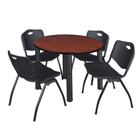 Regency Kee 36 in Round Breakroom Table Top Black Legs 4 M Stack Chairs