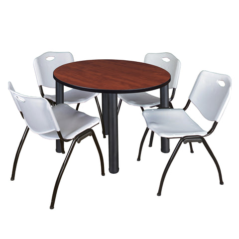 Regency Kee 36 in Round Breakroom Table Top Black Legs 4 M Stack Chairs