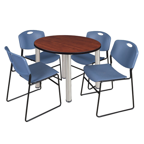 Regency Kee 36 in Round Breakroom Table Top Black Legs 4 Zeng Stack Chairs