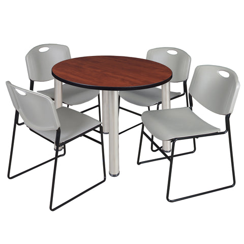 Regency Kee 36 in Round Breakroom Table Top Black Legs 4 Zeng Stack Chairs