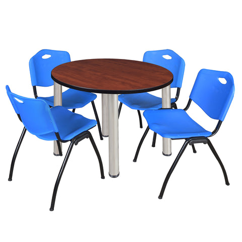 Regency Kee 36 in Round Breakroom Table Top Black Legs 4 M Stack Chairs