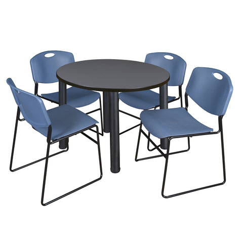 Regency Kee 36 in Round Breakroom Table Top Black Legs 4 Zeng Stack Chairs