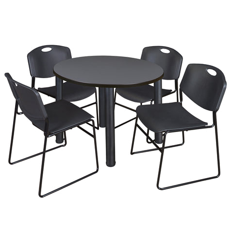 Regency Kee 36 in Round Breakroom Table Top Black Legs 4 Zeng Stack Chairs