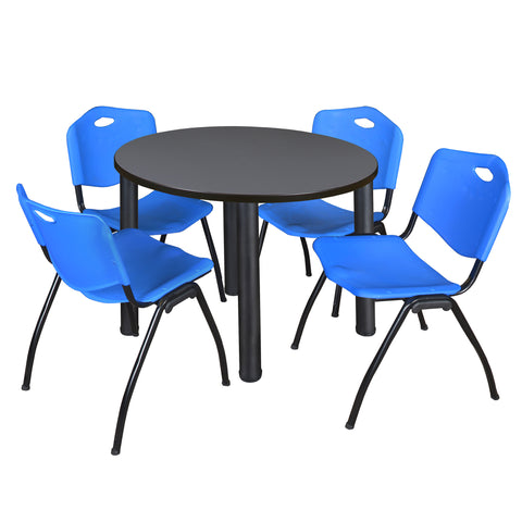 Regency Kee 36 in Round Breakroom Table Top Black Legs 4 M Stack Chairs